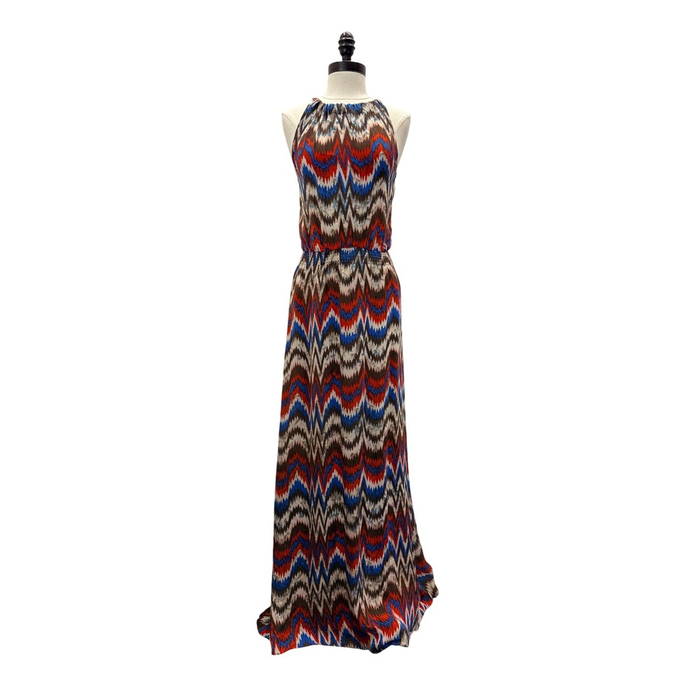 Parker Maxi Dress Women Size XS Multi Color New Silk Chevron Ikat Halter Pleated